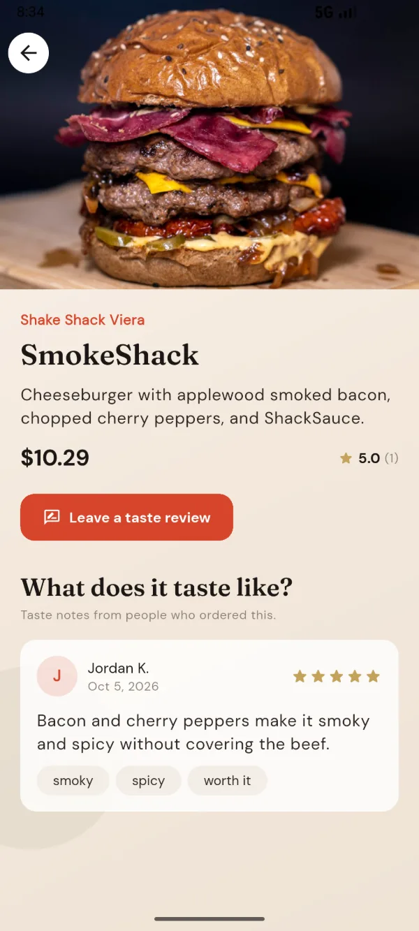 DITTY app screenshot of the SmokeShack burger at Shake Shack, with a five-star taste note that reads: Bacon and cherry peppers make it smoky and spicy without covering the beef.